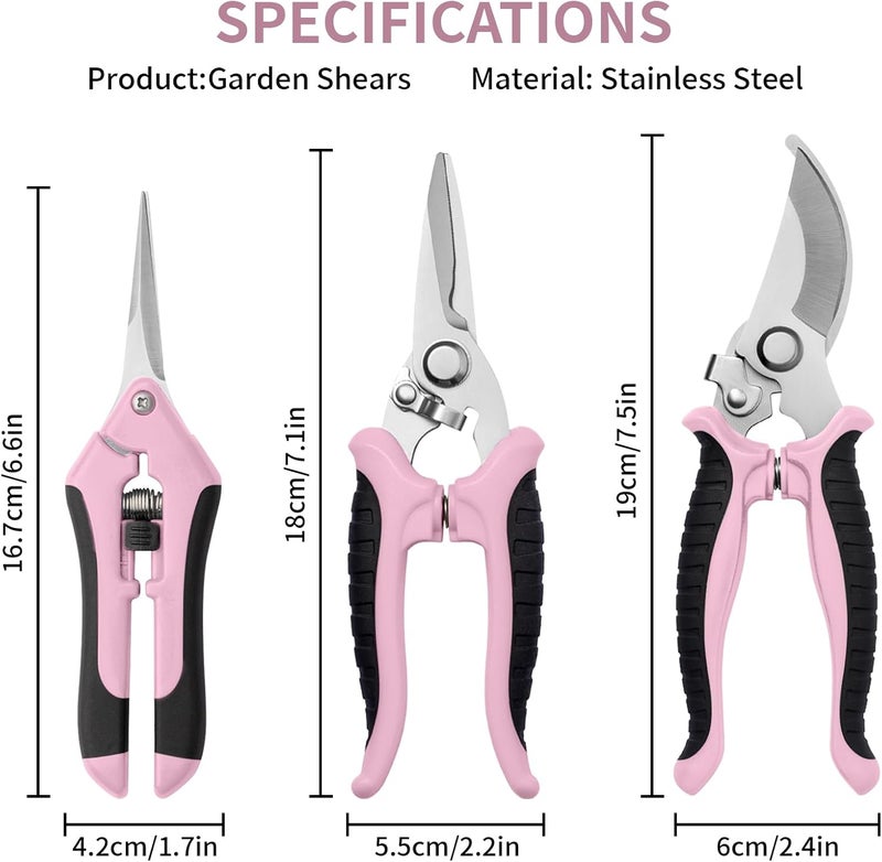 Drametic+ 3 Pack Garden Pruning Shears, Stainless Steel Shears, Gardening Shears Scissors Pruning Shears for Gardening Tools (3PCS Pink and Black) - Image 2